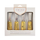 Set of four cork-handled cheese Spreaders in packaging with 'Twine Living Co' branding.
