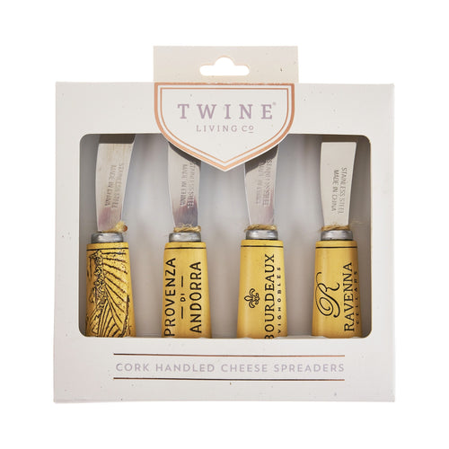 Set of four cork-handled cheese Spreaders in packaging with 'Twine Living Co' branding.