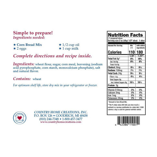 Back of a cornbread mix package with ingredients, nutrition facts, and contact information.