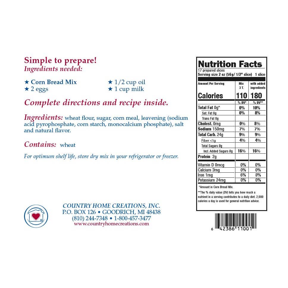 Back of a cornbread mix package with ingredients, nutrition facts, and contact information.