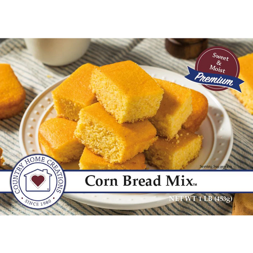 Cornbread mix packaging with cornbread pieces on a plate