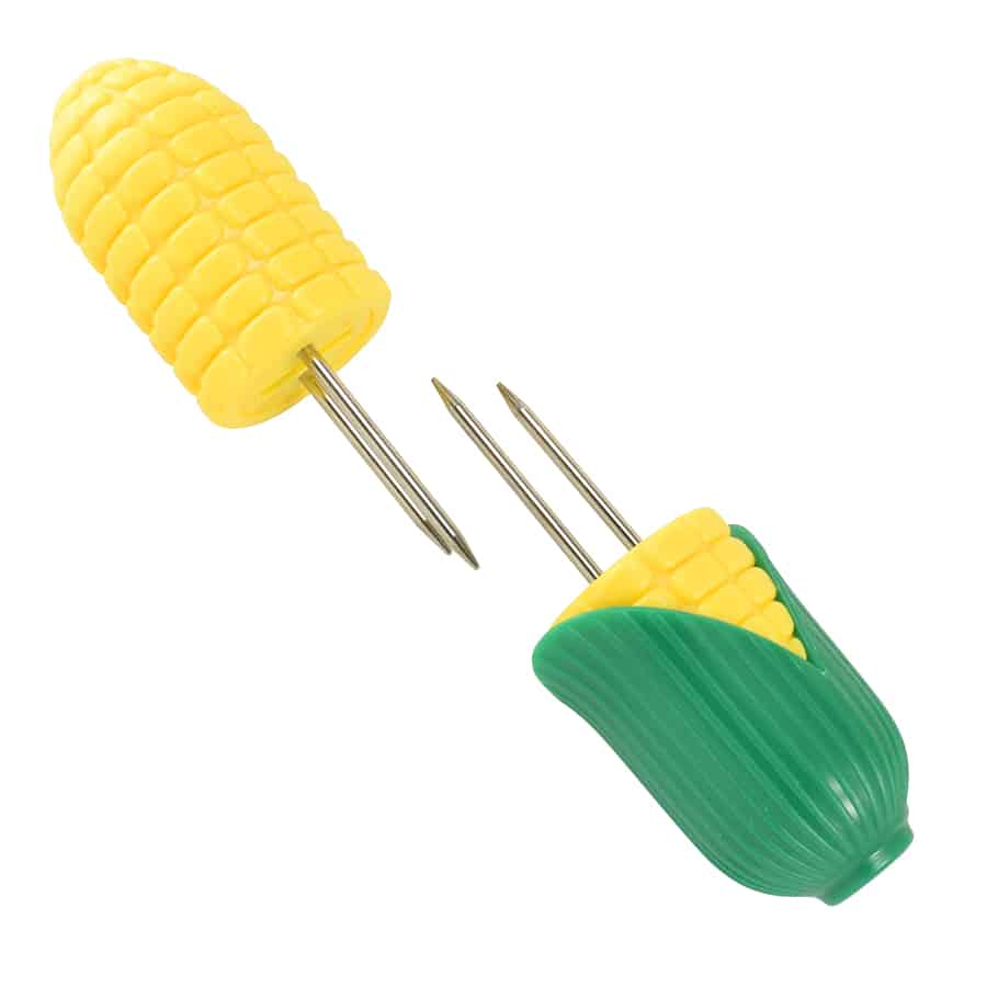 Corn cob holders in the shape of an ear of corn on a white background.