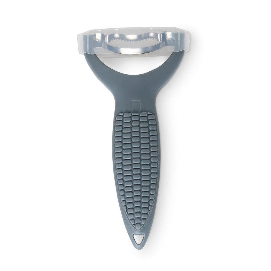 A stainless steel corn stripper with a gray handle and a textured grip.
