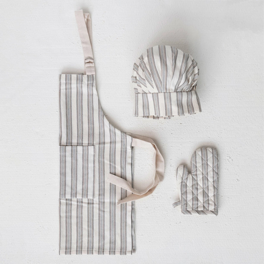 Cotton Child's Apron with Chef Hat & Oven Mitt - Stripes