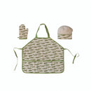 Set of apron, chef's hat, and oven mitt with alligator pattern on a white background