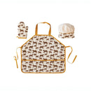 Set of apron, chef's hat, and oven mitt with jaguar pattern on a white background
