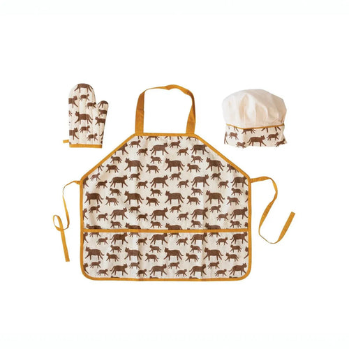 Set of apron, chef's hat, and oven mitt with jaguar pattern on a white background