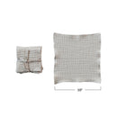 Folded and unfolded kitchen dish cloths with dimensions on a white background