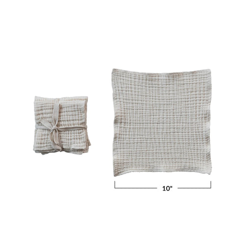 Folded and unfolded kitchen dish cloths with dimensions on a white background