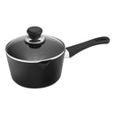 Black saucepan with lid on a white background