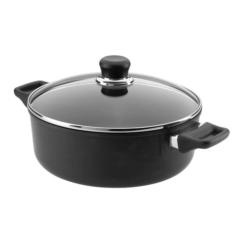 Black cookware pot with lid on a white background