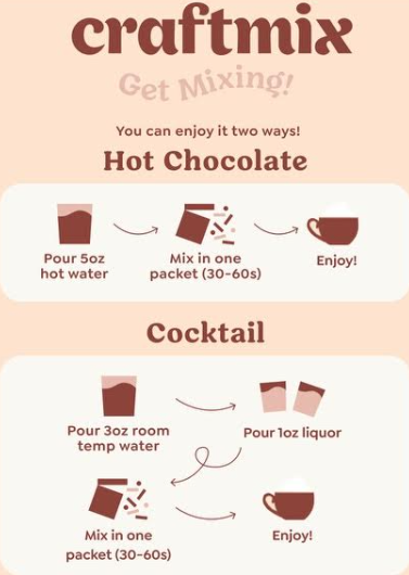 Instructions for using craftmix hot chocolate and cocktail mix on a white background