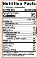 Nutrition facts label for a product with serving size, calories, and nutritional content details.