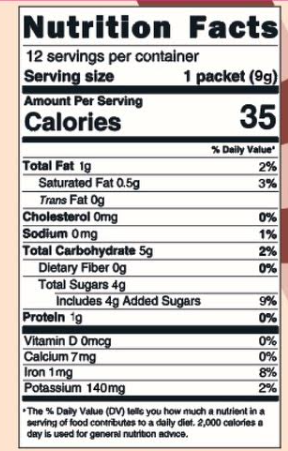 Nutrition facts label for a product with serving size, calories, and nutritional content details.
