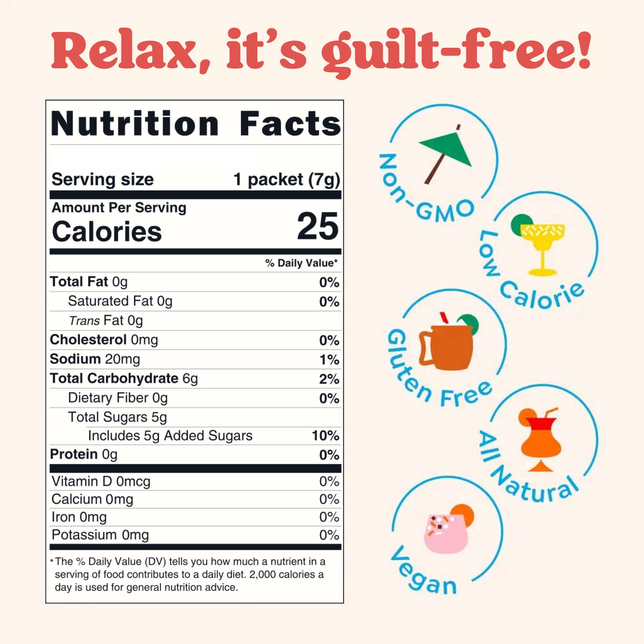 Nutrition facts label with health benefits on a white background