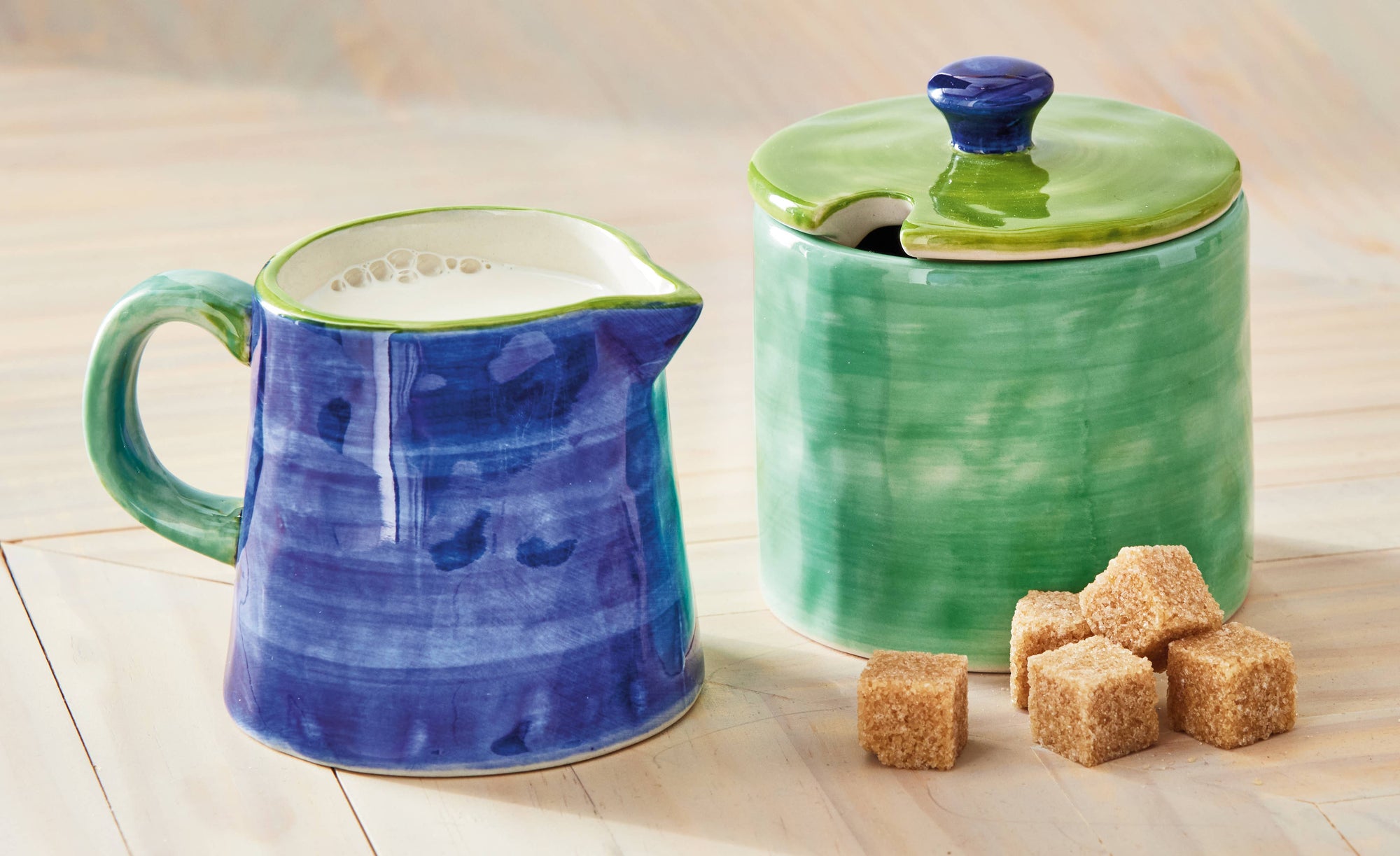 Blue & Green Color Block Stoneware Cream and Sugar Set