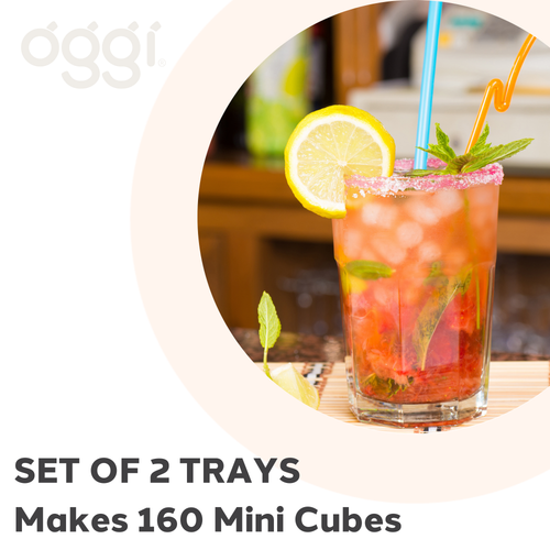 Cocktail in a glass with lemon wedge and mint leaves, set of 2 trays text.