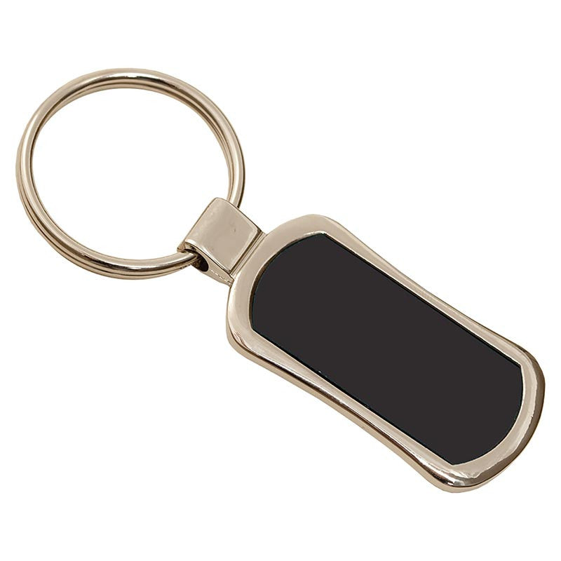 Keychain with a black rectangular tag on a white background