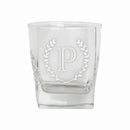 A customized tumbler glass with the letter P on it.