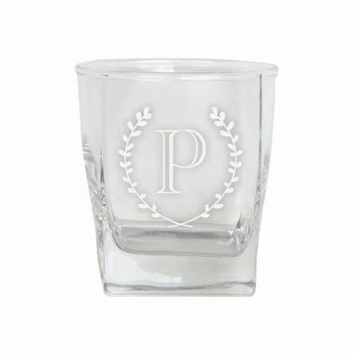 A customized tumbler glass with the letter P on it.