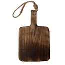 A dark brown wooden serving board with rounded corners and a rope handle, shown on a white paper envelope.