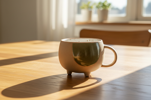 Ceramic mug on a wooden table with sunlight casting shadows