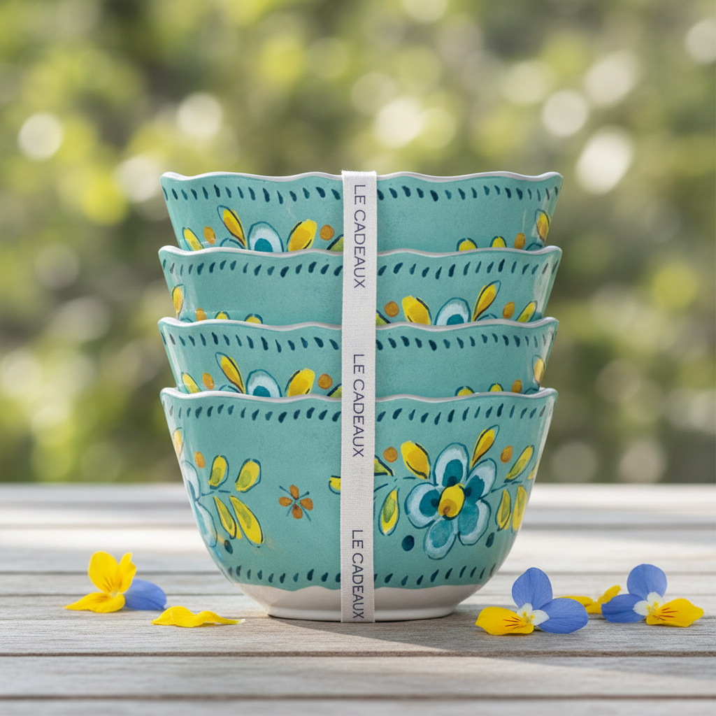 A set of four dessert bowls in a turquoise color with floral designs, all on a white background.