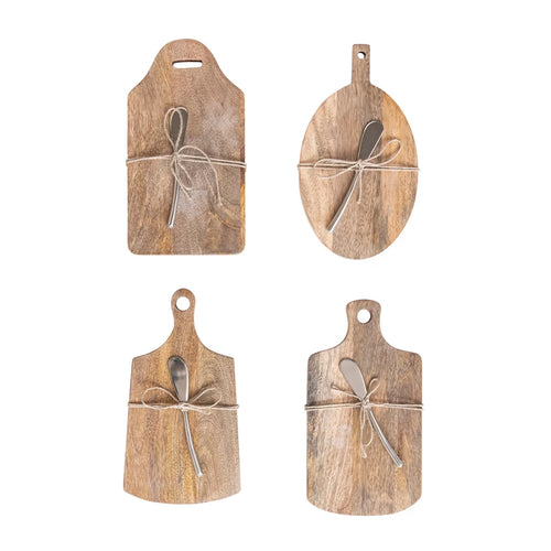 Mango Wood Cheese/Cutting Board w/ Handle & Canape Knife, 4 Styles - Sold Separately