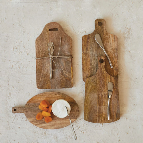 Mango Wood Cheese/Cutting Board w/ Handle & Canape Knife, 4 Styles - Sold Separately