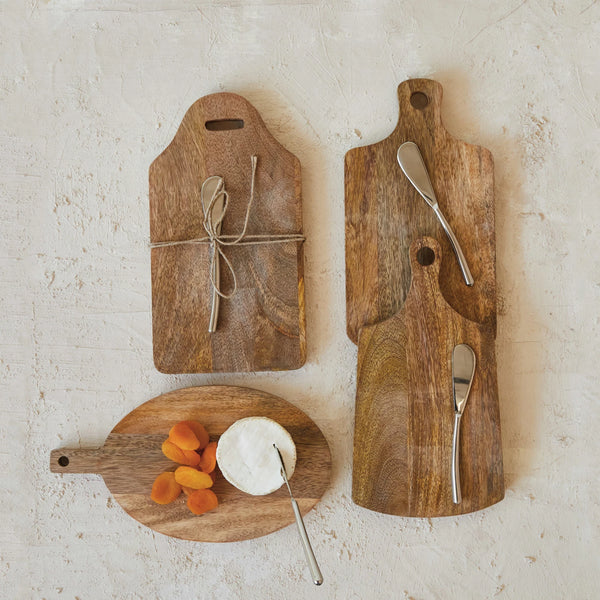 Mango Wood Cheese/Cutting Board w/ Handle & Canape Knife, 4 Styles,