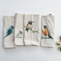 Cotton & Linen Printed Tea Towel w/ Bird, 4 Styles