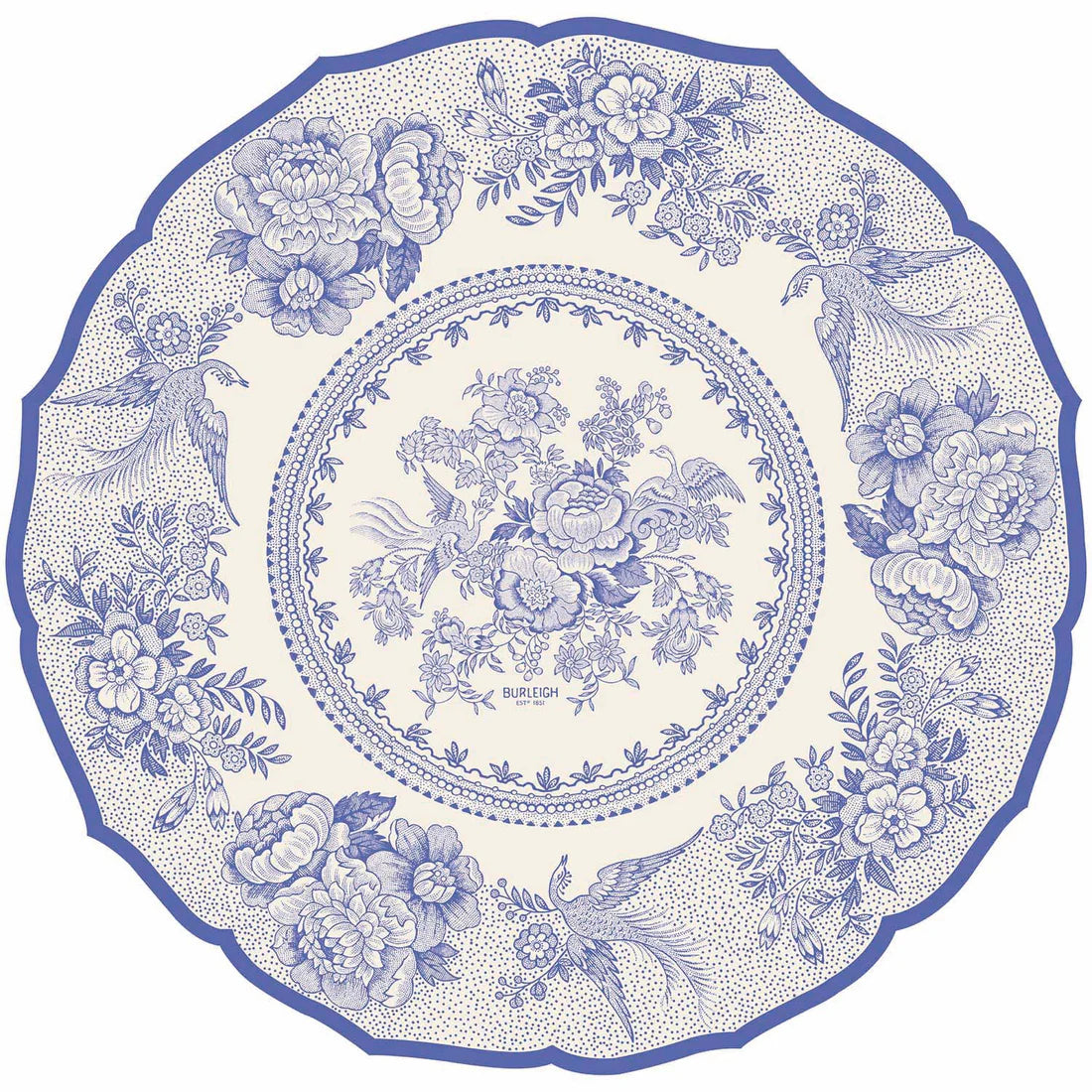 A paper placemat featuring pheasants and florals in blue and white.
