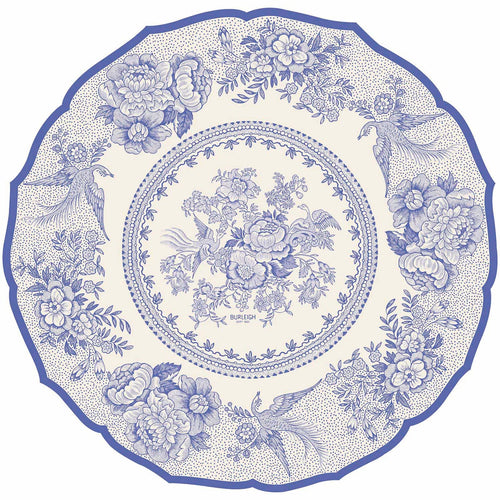 A paper placemat featuring pheasants and florals in blue and white.