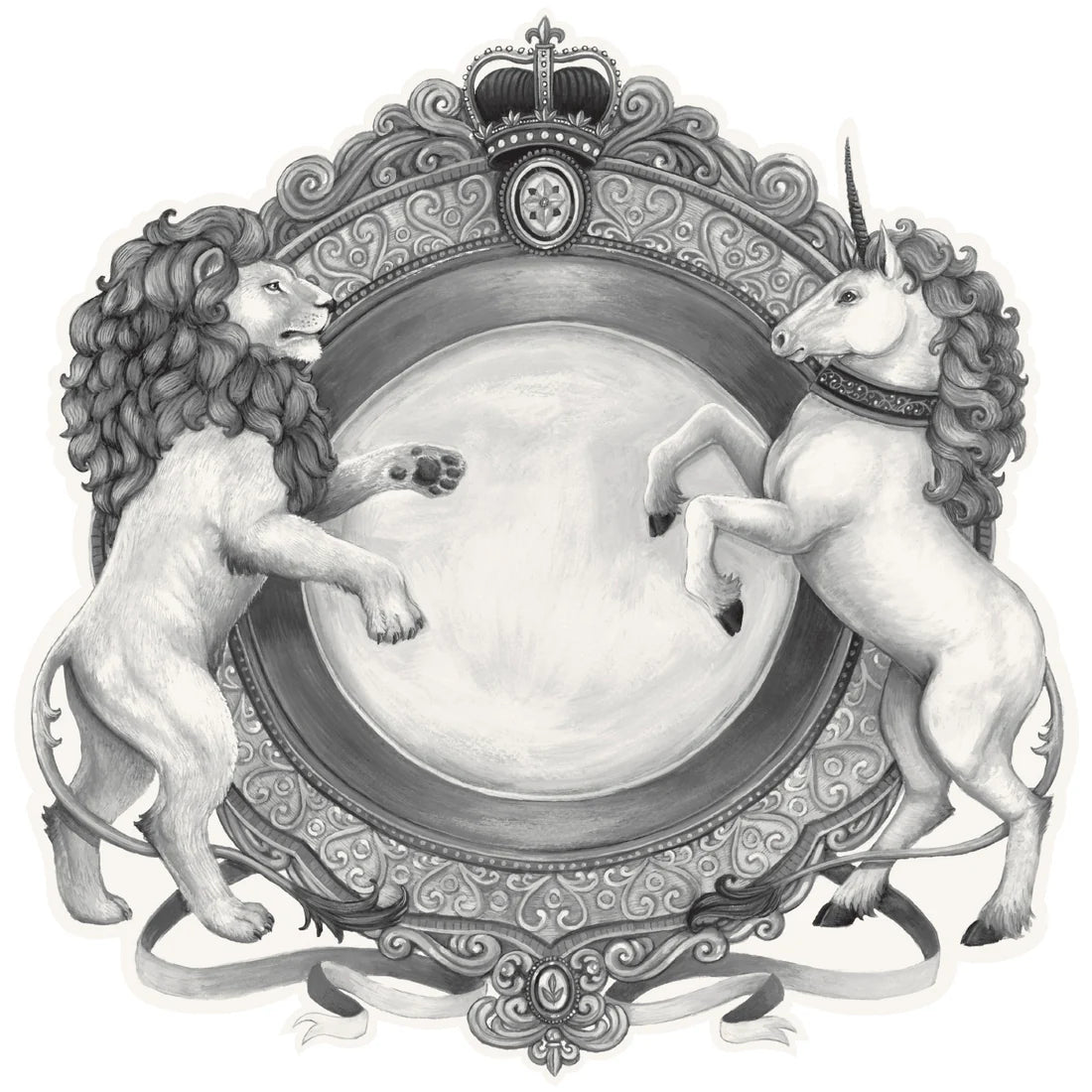 A black and white placemat with a regal crest style illustration featuring a lion on one side and a unicorn on the other.