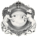 A black and white placemat with a regal crest style illustration featuring a lion on one side and a unicorn on the other.