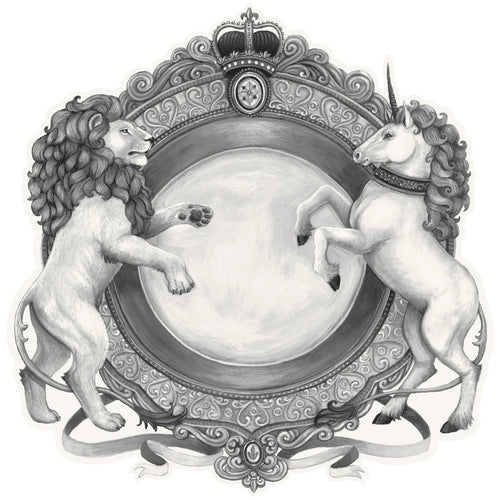 A black and white placemat with a regal crest style illustration featuring a lion on one side and a unicorn on the other.