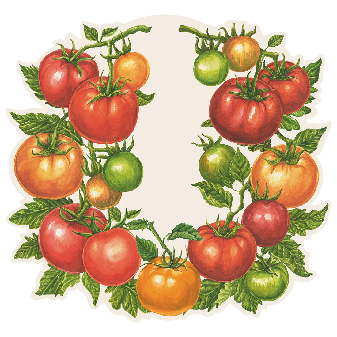 Place mat featuring tomatoes on a vine with green leaves on a white background