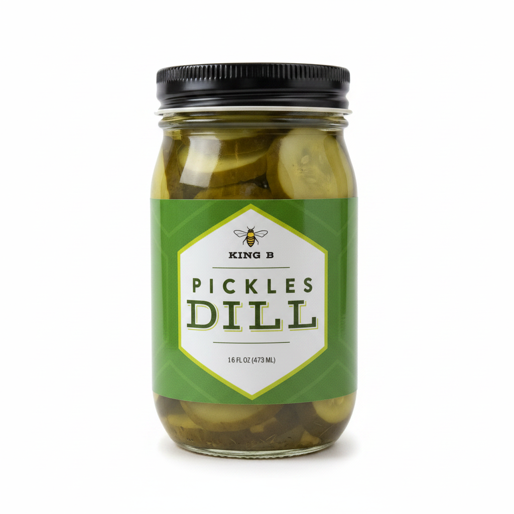 Jar of dill pickles with a green label on a light background