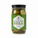 Jar of dill pickles with a green label on a light background