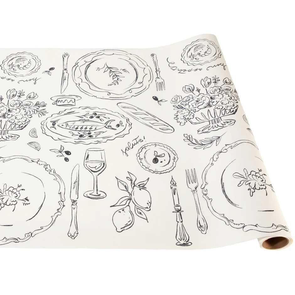 Roll of paper with black and white table setting illustrations
