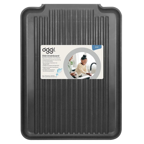 Black dish drainboard with 'Oggi' label on a white background