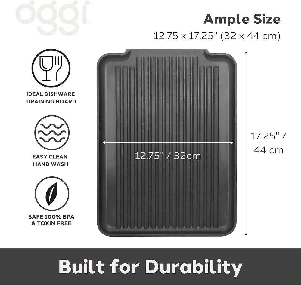 Black dishdrainer with dimensions and features on a white background