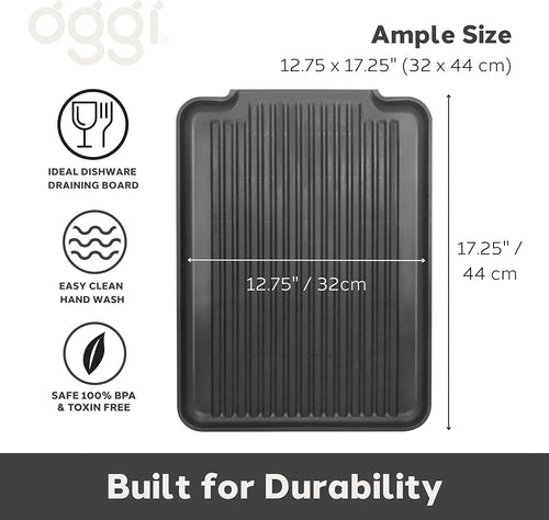 Black dishdrainer with dimensions and features on a white background