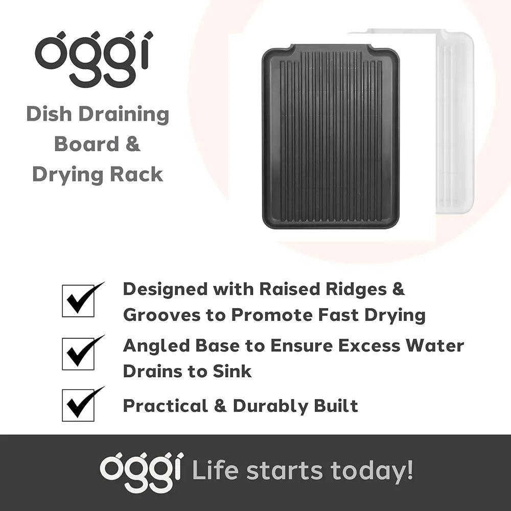 Oggi dish draining board and drying rack with features listed on a white background