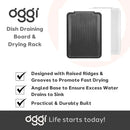 Oggi dish draining board and drying rack with features listed on a white background