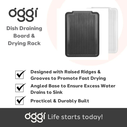 Oggi dish draining board and drying rack with features listed on a white background