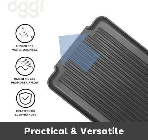 Black draining pan with features and 'oggi' branding on a white background
