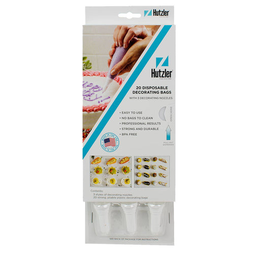 Hutzler disposable decorating bags packaging with images of icing and Hutzler branding.