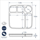 A dimension diagram of a 2-piece microwave safe BPA and melamine free plastic 5-compartment plastic tray set, showing measurements in inches with black lines on a white background.