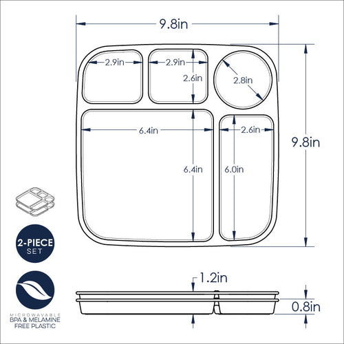 A dimension diagram of a 2-piece microwave safe BPA and melamine free plastic 5-compartment plastic tray set, showing measurements in inches with black lines on a white background.